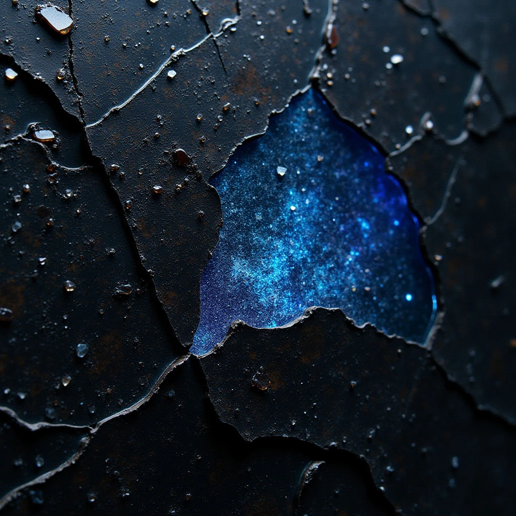The image is dominated by dark blues and blacks with hints of brown and gold. A rough, cracked texture covers most of the surface, contrasting with a smooth, shimmering area of deep blue speckled with light within a central irregular opening. Light appears to emanate from this central space, creating highlights on surrounding fractured edges and scattered particles while casting shadows throughout the composition.