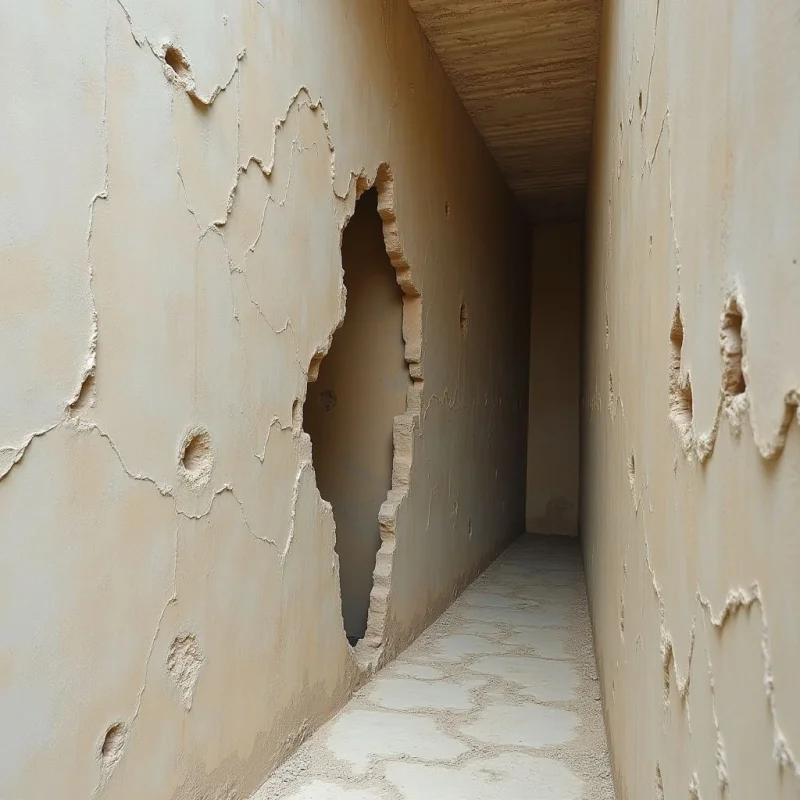 A narrow corridor is defined by monochromatic beige walls with jagged, irregular holes and crack-like patterns carved into the surfaces. The textures appear rough and stony, contrasting with the smooth, flat planes of the vertical walls. Light enters from one side to create soft shadows within the recesses and along the floor, emphasizing the depth and tight spatial relationship of the passage.