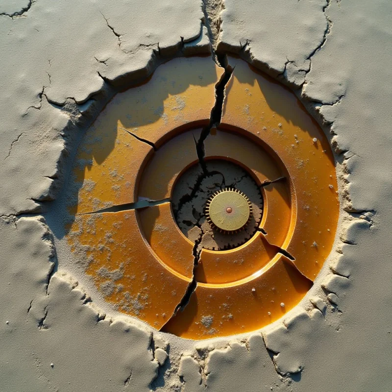 A circular opening in a cracked, beige, clay-like surface reveals a smooth, amber-colored ring surrounding a central golden gear. The composition features jagged, irregular cracks radiating outward from the center, creating a stark contrast between the matte, textured earth and the glossy, reflective interior. Bright sunlight casts deep shadows within the fissures and highlights the metallic sheen of the concentric shapes.