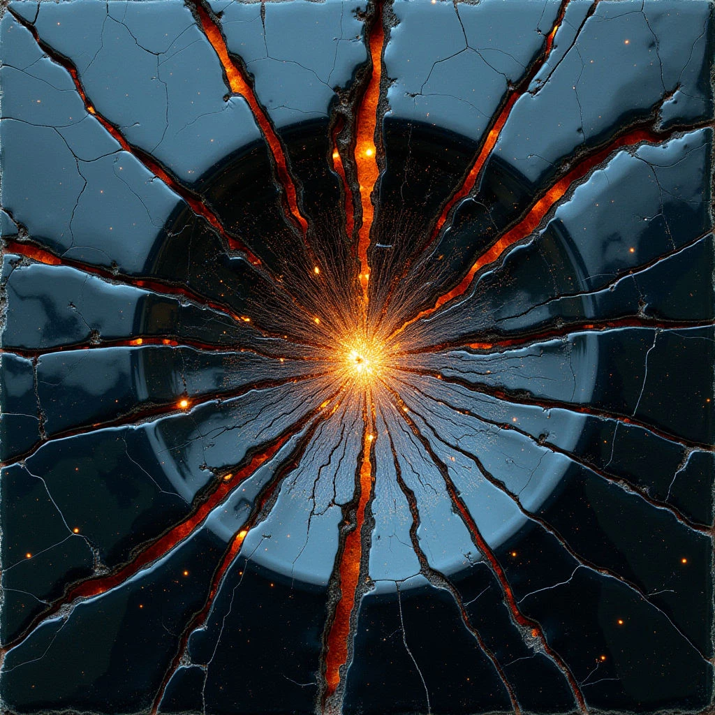 The image features a dark blue, highly reflective surface fractured by radiating cracks filled with orange and yellow light. A central point of intense brightness emanates outwards along these fissures, contrasting with a circular void at the center of the composition. The overall texture appears glossy and broken, with sharp angular shapes dominating the space and suggesting depth through simulated reflections and shadow.