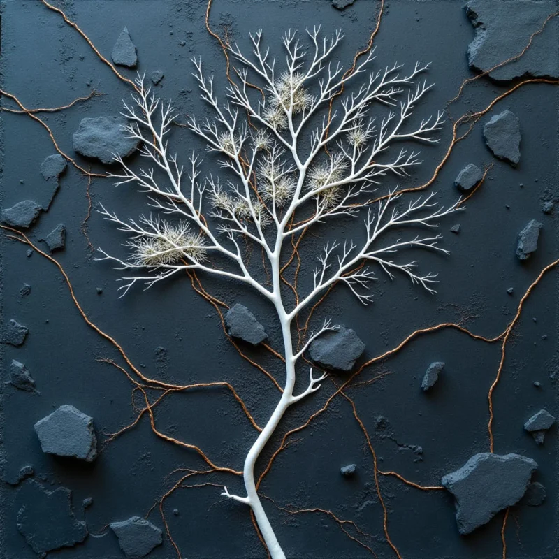 A white, branching tree structure with fine, feathery textures spreads across a dark blue, textured background. Irregularly shaped, dark gray stone fragments are scattered around the central form, connected by thin, winding copper-colored lines. The composition features a shallow depth of field where light highlights the raised edges of the branches and stones against the matte surface.