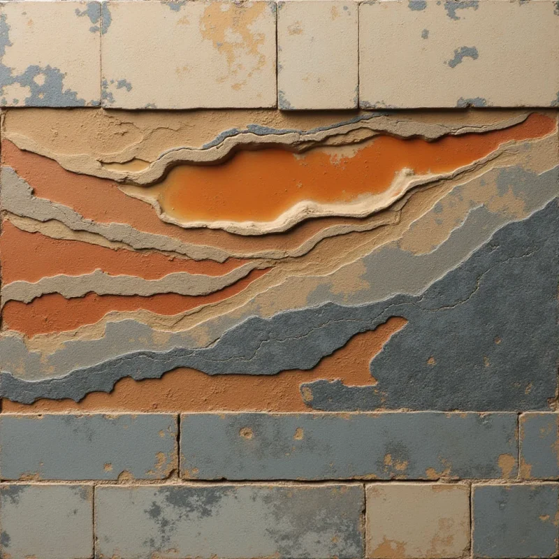 The image features a textured surface constructed from layers of rectangular brick forms in varying shades of tan, orange, gray and blue. A central band of undulating, raised shapes in warm orange tones contrasts with the more regular arrangement of bricks above and below, creating a sense of depth. Light appears diffuse, highlighting subtle variations in texture across all surfaces and casting soft shadows within the layered composition.