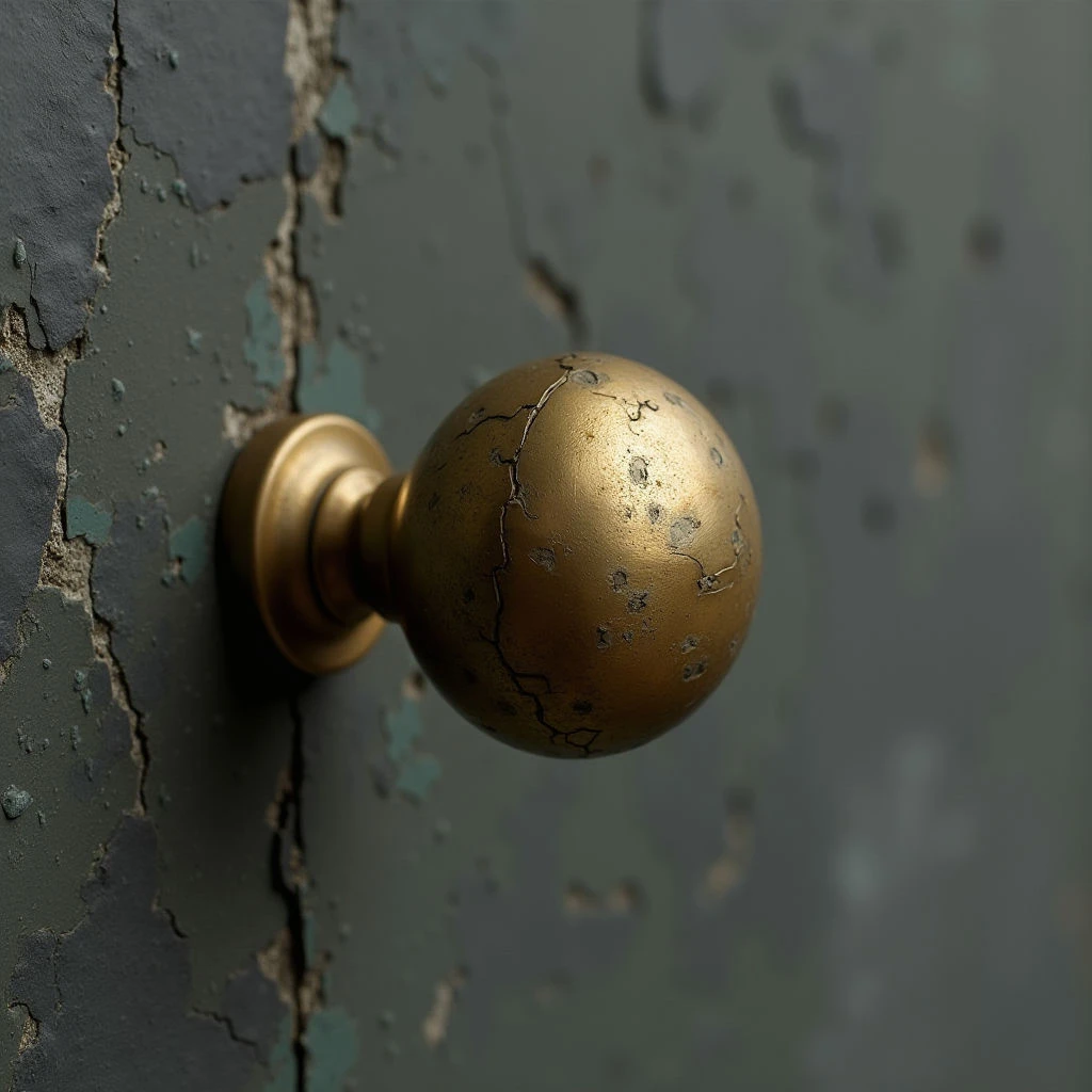The image features a brass doorknob mounted on a textured, dark teal wall with flaking paint. The doorknob is spherical with a cylindrical base, displaying an aged patina and cracks across its surface, contrasting with the smoother metal of the stem. Light appears to originate from the left, creating highlights on the knob and casting subtle shadows that emphasize the uneven texture of both the hardware and the wall behind it.