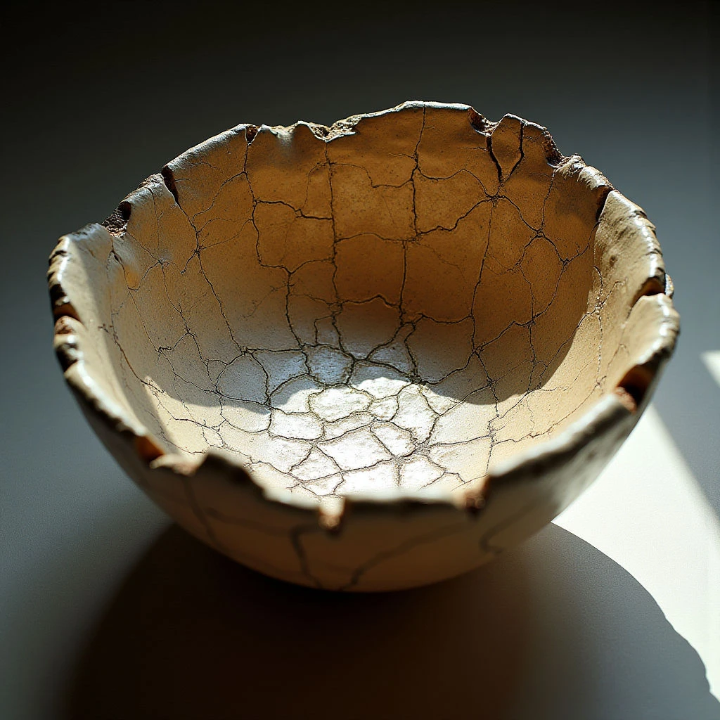 The image depicts a shallow bowl with a predominantly beige and cream color palette, exhibiting extensive cracking throughout its surface. The texture appears rough and uneven, particularly along the fractured lines and irregular rim of the vessel. Strong directional light casts shadows within the bowl’s interior and onto the dark background, emphasizing its rounded form and creating contrast against the flat plane it rests upon.