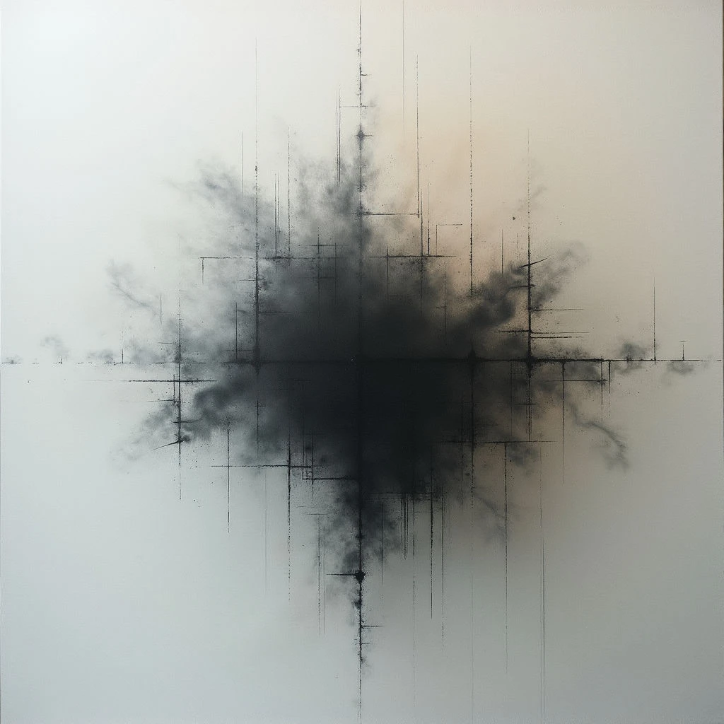 A dark, nebulous shape bursts from the center of a pale, almost white field. Fine lines radiate outwards from the central darkness like a fractured grid, extending towards the edges of the canvas. The overall impression is one of controlled chaos contained within a minimalist space.