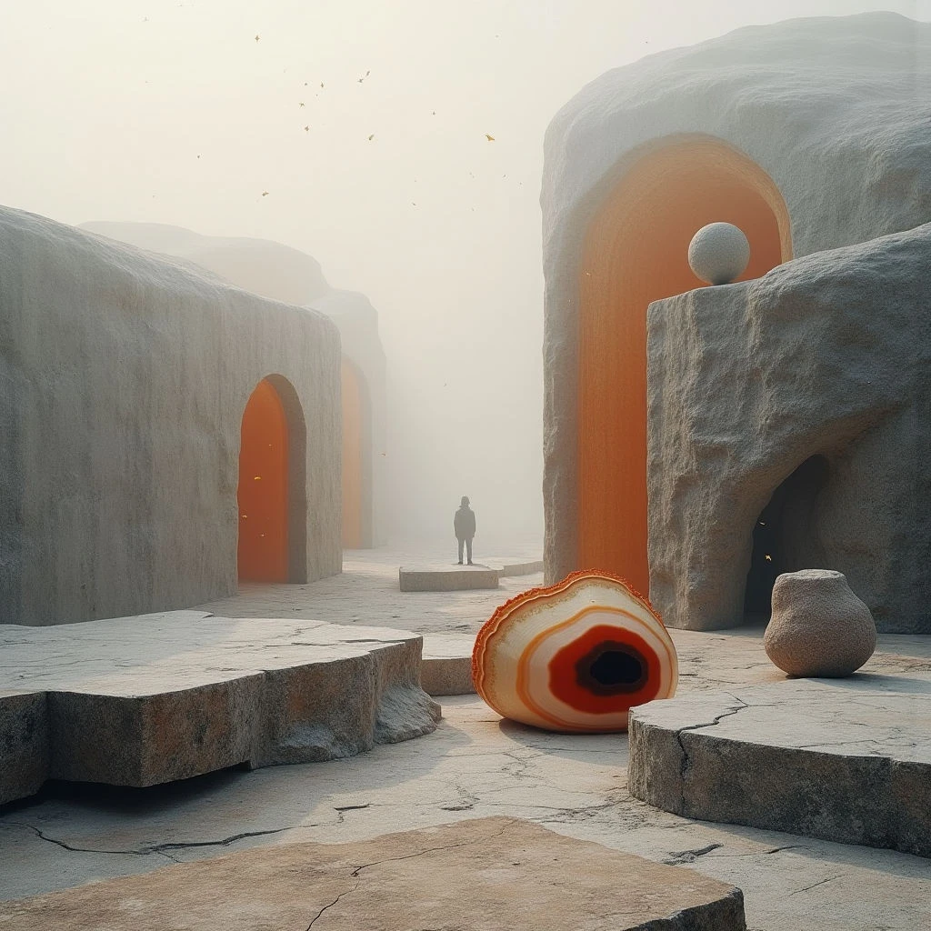 The scene is dominated by warm beige and orange tones, with a hazy atmosphere obscuring distant details. Rough, eroded stone forms large archways and platforms, contrasting with the smooth surfaces of spherical objects and a centrally placed agate slice. A single figure stands in the middle ground, dwarfed by the scale of the surrounding structures and emphasizing depth within the expansive, cracked earth plane.