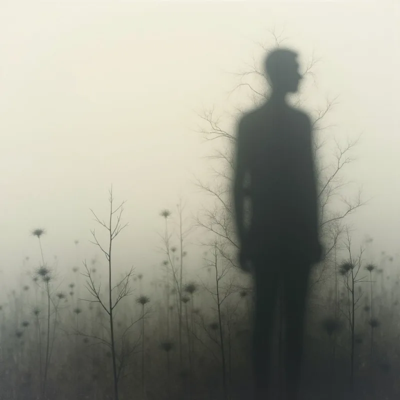 A dark, blurry silhouette of a person stands amidst a field of withered plants shrouded in thick fog. The overall tone is muted and gray, creating an eerie and desolate atmosphere. The figure seems isolated and lost within the hazy landscape.