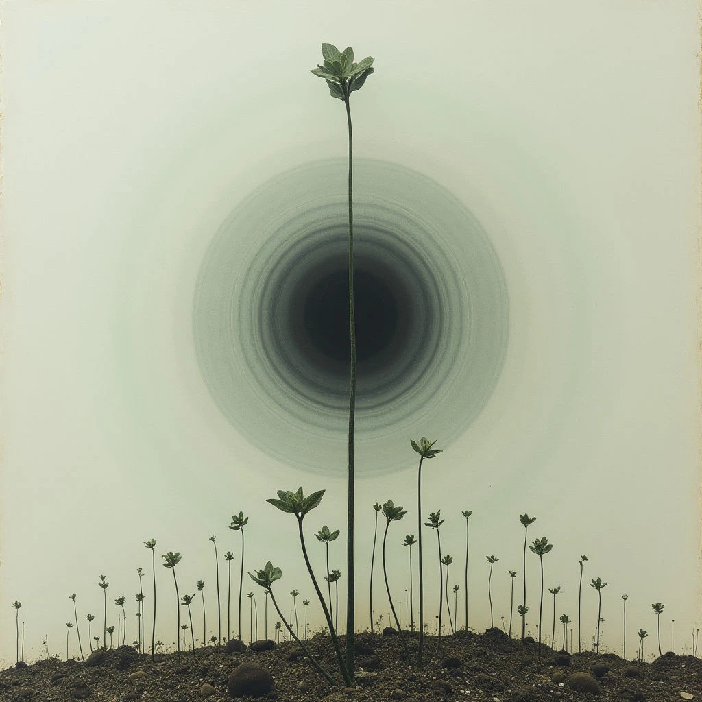A field of small green plants grows before a large, dark circular void that seems to pull everything inward. The background is a pale, muted green, creating an unsettling and dreamlike atmosphere. A single plant stands taller than the others, reaching directly towards the center of the darkness.