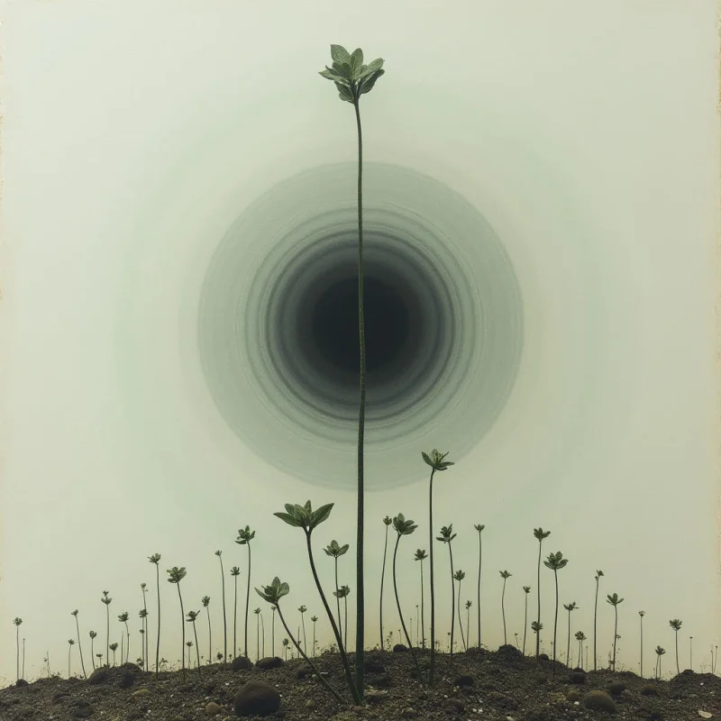 A field of small green plants grows before a large, dark circular void that seems to pull everything inward. The background is a pale, muted green, creating an unsettling and dreamlike atmosphere. A single plant stands taller than the others, reaching directly towards the center of the darkness.