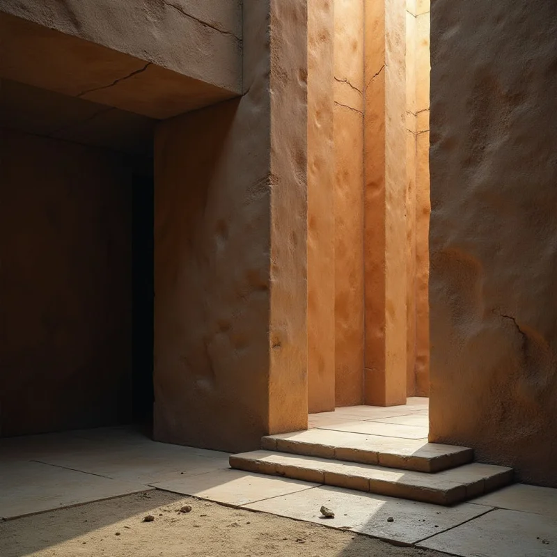 The scene is dominated by warm earth tones – shades of tan and ochre – across rough, uneven surfaces suggesting stone or concrete. Strong vertical shafts of light illuminate a series of receding rectangular forms, creating deep shadows that define the spatial depth within the structure. The floor consists of large, flat tiles with small debris scattered across it, leading the eye toward the brighter area beyond the columns.