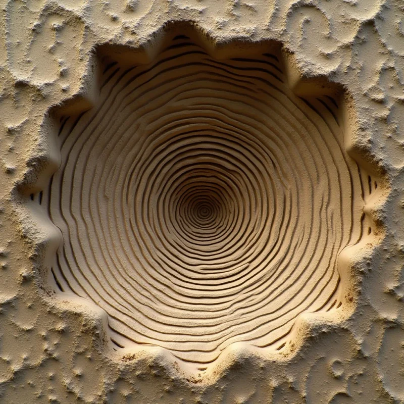 A monochromatic tan composition features a deep, circular depression defined by concentric, undulating ridges that spiral toward a central point. The surrounding surface is highly textured with irregular, granular bumps, contrasting with the smoother, rhythmic lines within the hollow. Light casts soft shadows into the grooves, emphasizing the depth and repetitive geometric patterns of the recessed space.