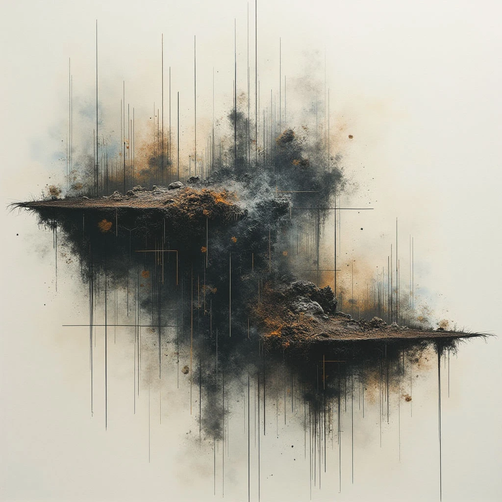 Two small, rocky islands appear to be suspended in a hazy white space, both wreathed in dark smoke and glowing embers. Thin, vertical lines extend upwards from each island, resembling fractured energy or the remnants of an explosion. Below them, trails of shadow and light descend into the emptiness, creating a sense of instability and fragmentation.