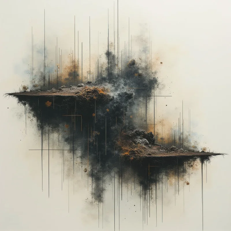 Two small, rocky islands appear to be suspended in a hazy white space, both wreathed in dark smoke and glowing embers. Thin, vertical lines extend upwards from each island, resembling fractured energy or the remnants of an explosion. Below them, trails of shadow and light descend into the emptiness, creating a sense of instability and fragmentation.