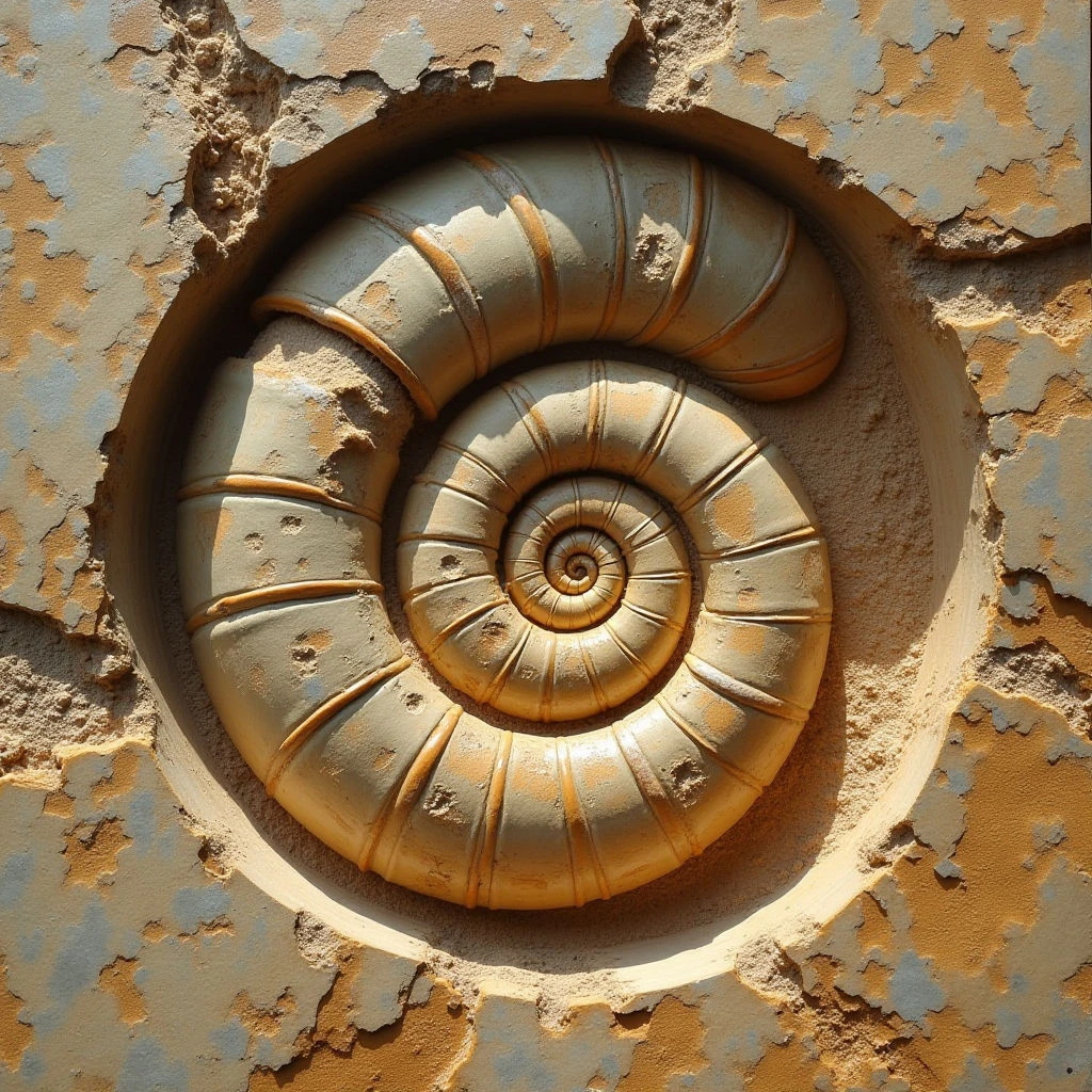 The image features a central spiral shape carved into a textured surface, primarily in shades of tan and ochre with hints of blue visible underneath layers of chipping paint. Light falls unevenly across the relief carving, creating distinct shadows within the grooves of the spiral and highlighting the rough, fragmented edges of the surrounding material. The spiral is deeply recessed within an irregular, circular opening that contrasts with the flatter plane of the background.
