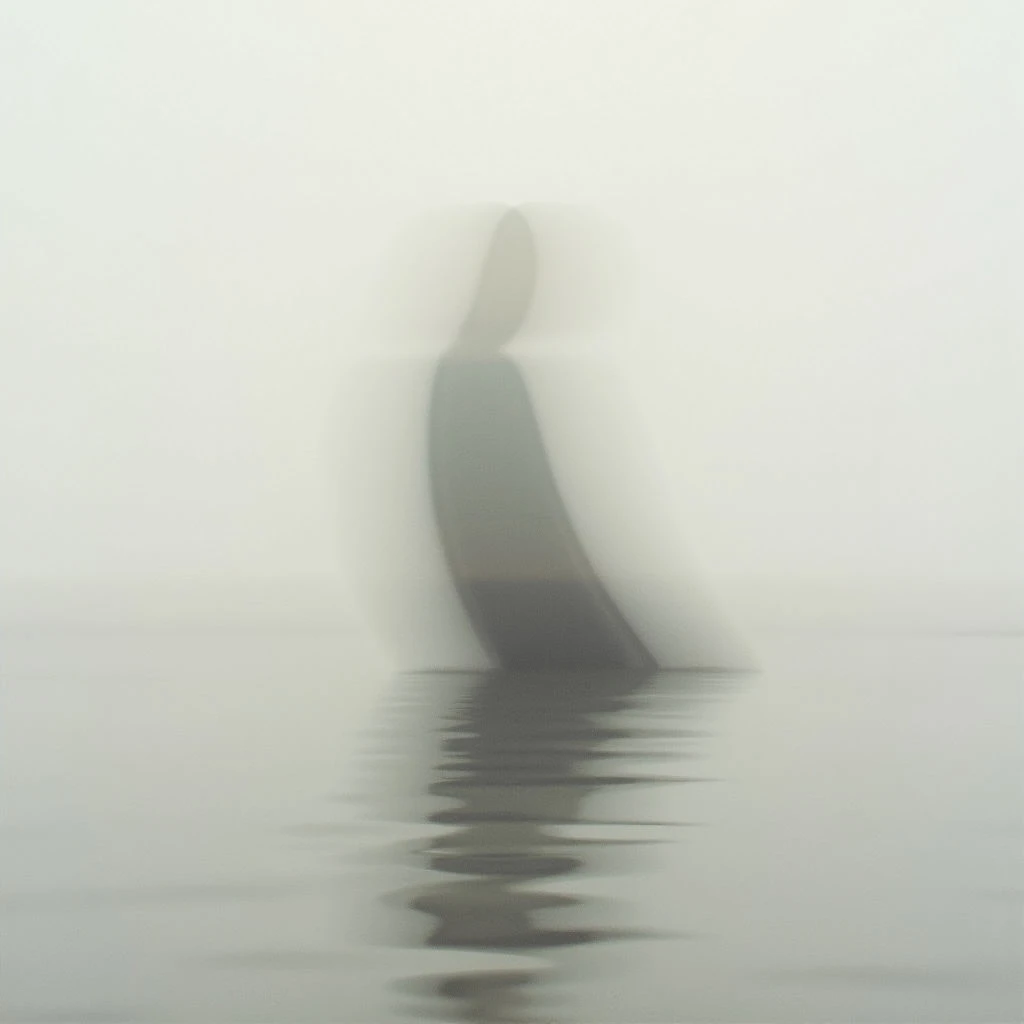 A dark, indistinct shape rises from calm water into a thick fog, barely discernible as a human figure. Its reflection is similarly blurred and distorted on the surface below, adding to an overall sense of mystery and isolation. The scene is monochromatic and dreamlike, dominated by shades of gray.