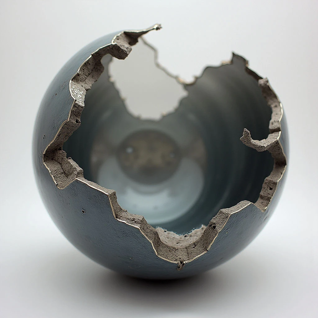 A large, pale blue sphere is broken open at the top, revealing a hollow interior. The edges of the break are rough and jagged, showing a lighter, textured material beneath the smooth surface. A small, dark circle is visible deep within the cavity of the sphere, reflecting light.