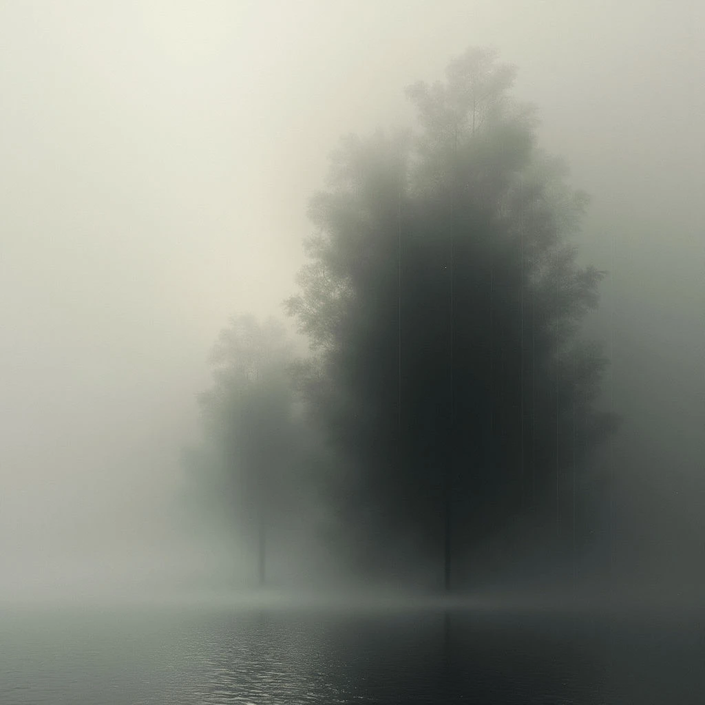 A cluster of dark trees rises from a still, reflective body of water. Thick fog obscures everything beyond the immediate shapes of the trees and their reflections, creating a sense of isolation and mystery. The overall tone is muted and grey, with little contrast between elements in the scene.