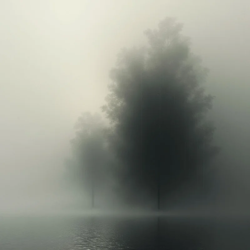 A cluster of dark trees rises from a still, reflective body of water. Thick fog obscures everything beyond the immediate shapes of the trees and their reflections, creating a sense of isolation and mystery. The overall tone is muted and grey, with little contrast between elements in the scene.