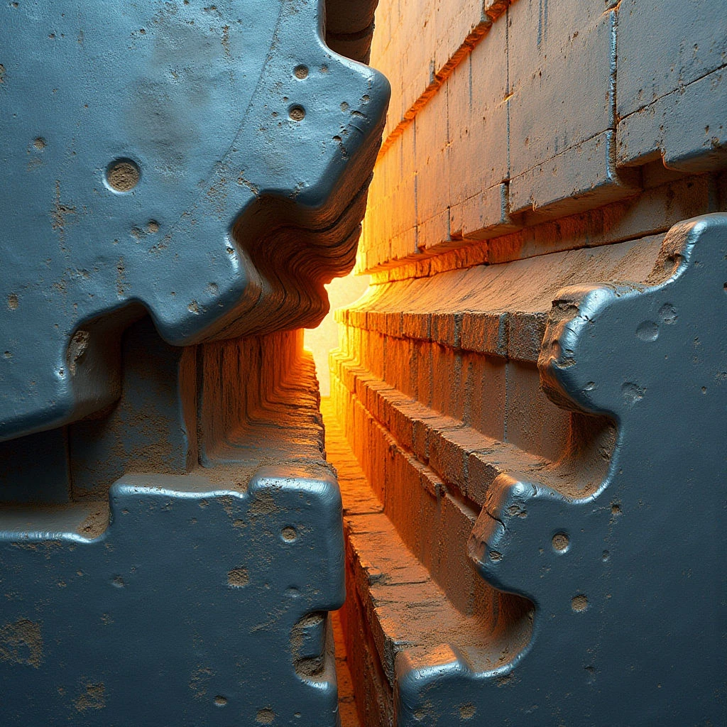 The image features a narrow corridor formed by stacked rectangular blocks with rounded, interlocking protrusions on either side, primarily in shades of blue and warm orange. The textures appear rough and weathered on the blocks, contrasting with smoother curves of the shapes. A bright light source is visible at the far end of the passage, creating strong directional illumination and long shadows that emphasize the depth of the space.