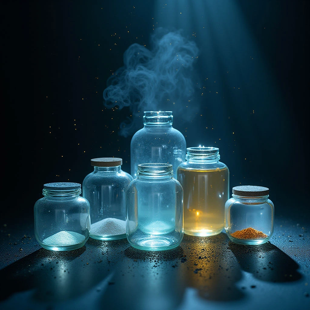 The image features five glass jars arranged in a loose row on a dark, reflective surface. The jars contain varying materials – powders and liquids – ranging in color from pale gray to golden yellow, with one emitting wisps of blue smoke. Cool blue light dominates the scene, creating strong highlights on the glass and casting shadows that suggest depth, while scattered gold particles float throughout the darker background space.