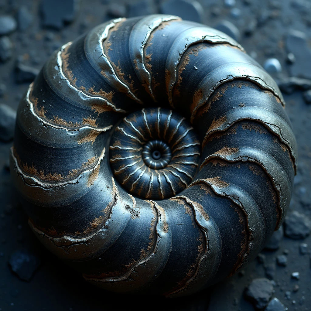 The image features a coiled, segmented form in shades of dark blue and brown with metallic gold accents along its edges. The texture appears rough and layered, contrasting with smoother, polished sections within each segment, and the overall shape is a spiral that dominates the frame. Light emphasizes the curvature of the shell and highlights subtle variations in tone across its surface against a darker, granular background.