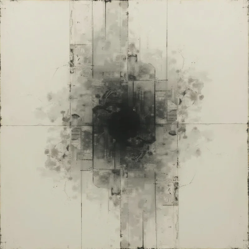 A dark, amorphous shape dominates the center of a pale canvas, surrounded by faint architectural lines and blurred smudges. The composition is divided by subtle gridlines that extend from the central darkness towards the edges of the piece. Overall, the image evokes a sense of decay or fragmentation with its ghostly forms and muted tones.