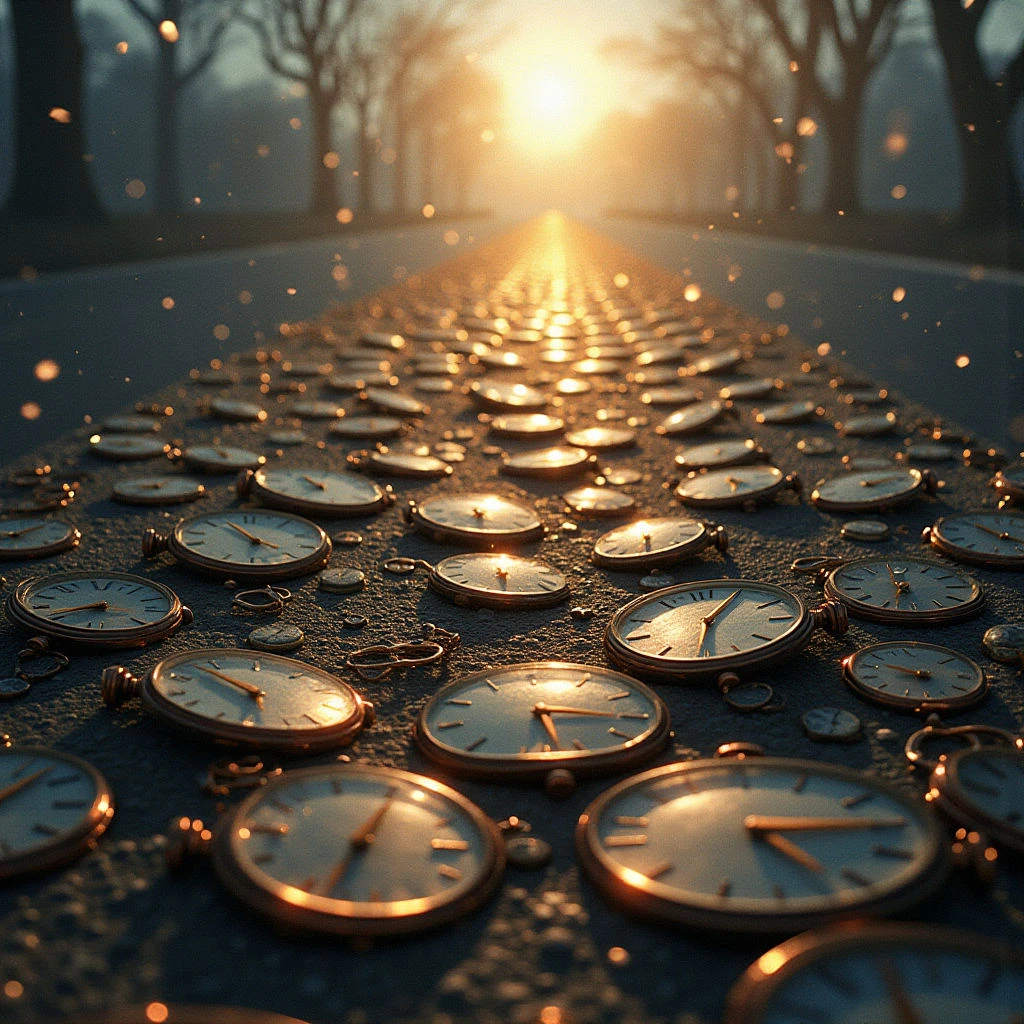 The image features a long perspective receding towards a bright golden light source at the horizon. A dark, textured ground is densely covered with numerous pocket watches, each reflecting the warm light and appearing slightly weathered. Silhouetted trees line both sides of this path, creating a sense of depth, while small particles float in the air around the watches, adding to the atmospheric quality.