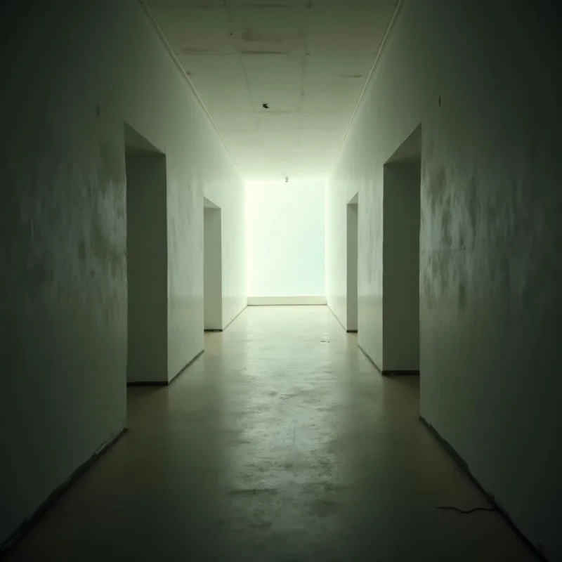 A long, pale hallway stretches into the distance with a bright light at its far end. Identical square openings are recessed into both walls, casting deep shadows and creating a sense of repetition. The floor is smooth and reflects the muted light, contributing to the stark, empty atmosphere.