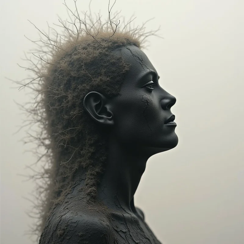 A profile of a dark, matte-textured figure is set against a pale, monochromatic gray background. The head features fine, twig-like branches extending upward in a chaotic spray, contrasting with the smooth, charcoal-toned skin. Soft, diffused light eliminates harsh shadows, creating a seamless spatial relationship between the subject and the misty void.