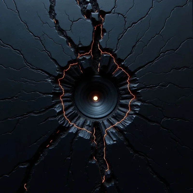 A dark, matte-textured surface is fractured by jagged cracks that radiate outward from a central circular void. Glowing orange light emanates from within the deep fissures and the concentric rings of the center, contrasting against the charcoal tones. The composition features sharp, irregular lines and a sense of depth created by the recessed, illuminated core.