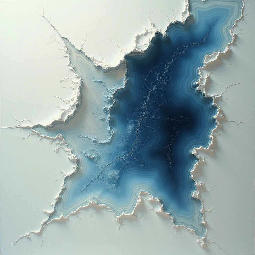 The image features a central dark blue form with concentric layers of lighter blues and whites radiating outwards, resembling a geological cross-section or an abstracted eye. A rough, uneven texture contrasts with the smooth gradients within the layered shapes, which are embedded in a largely featureless white field. Light appears to be diffused evenly across the composition, creating subtle shadows that emphasize depth and the three-dimensional quality of the forms.