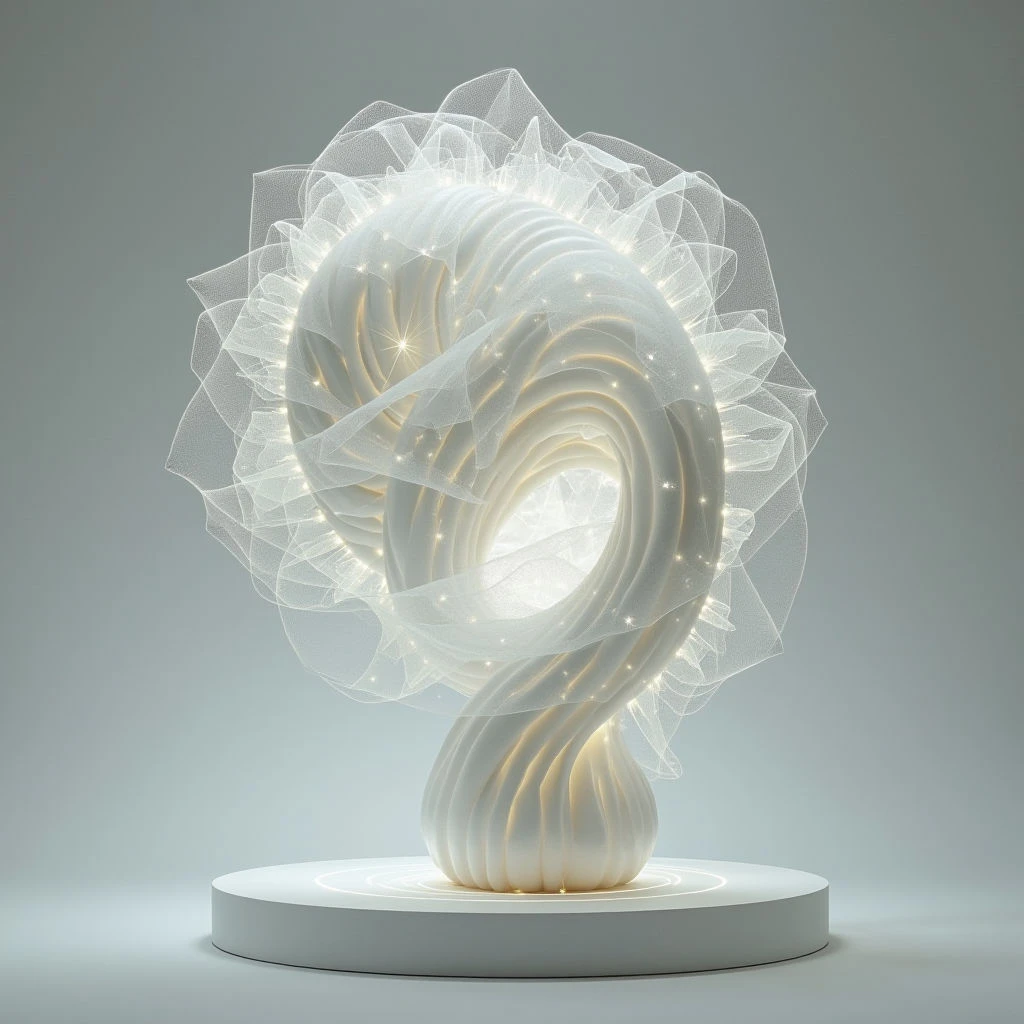 The image features a predominantly white and pale cream sculptural form resembling an elongated numeral two, set against a soft gray background. The sculpture has a smooth, organic texture with subtle ridges and is partially enveloped by a delicate mesh of glowing lines that create a halo effect. Light appears to emanate from within the shape itself, casting gentle highlights on its surface and the surrounding base platform, while spatial relationships suggest the object is centrally positioned and elevated.