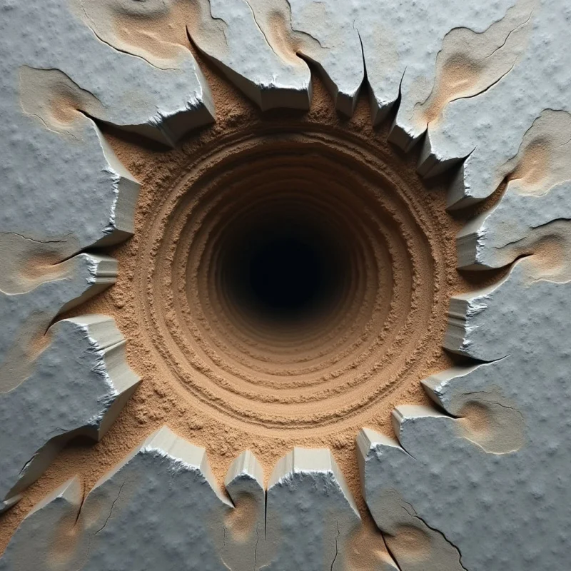 A deep, circular pit with concentric, sandy ridges descends into a dark center, surrounded by jagged, cracked grey surfaces. The composition features a contrast between the grainy, tan texture of the funnel and the smooth yet fractured appearance of the pale grey ground. Sharp, irregular shapes radiate outward from the central void, creating a sense of depth through receding rings and shadows.