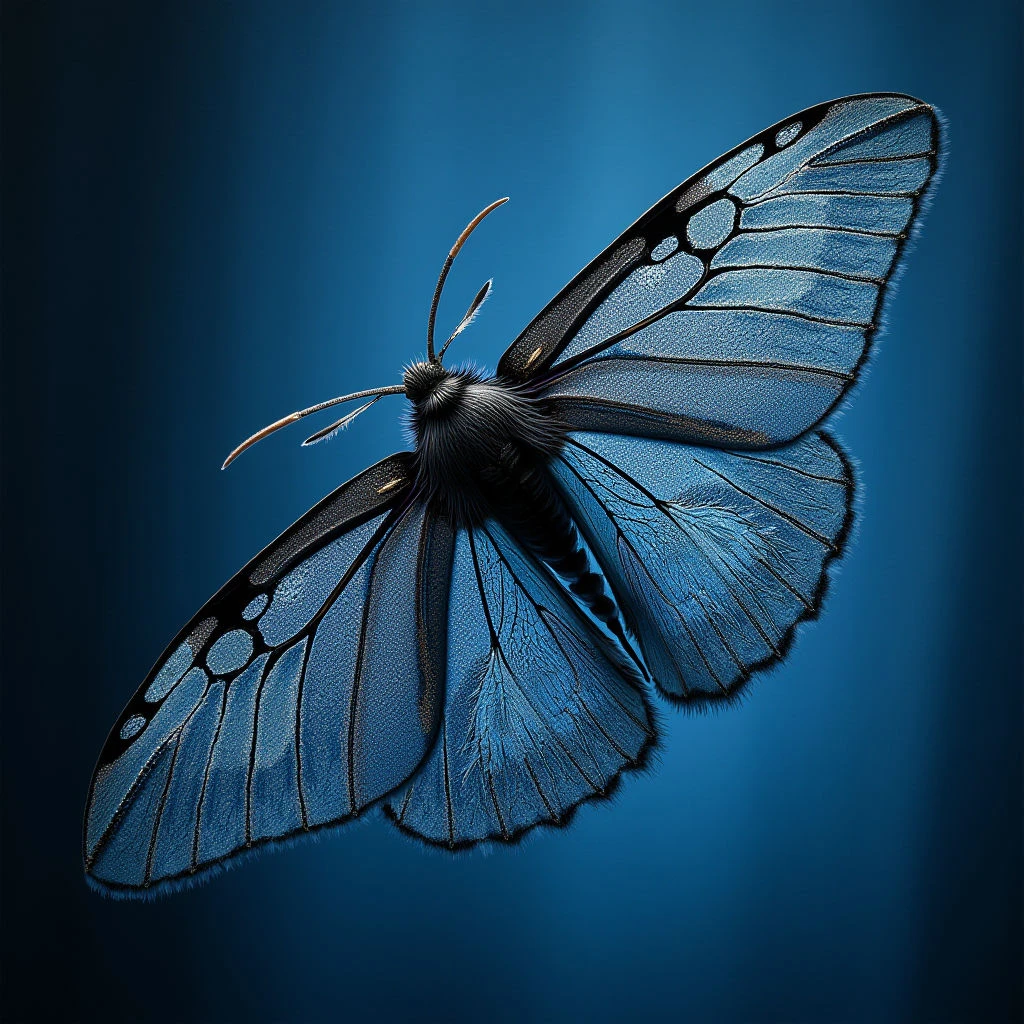 The image features a butterfly with predominantly blue and black coloration against a gradient of deeper blues in the background. The wings display a network of vein-like shapes bordered by scalloped edges, contrasting with the fuzzy texture of its body and antennae. Light appears to be focused on the butterfly’s upper surface, creating subtle highlights and shadows that define its form while maintaining a shallow depth of field.