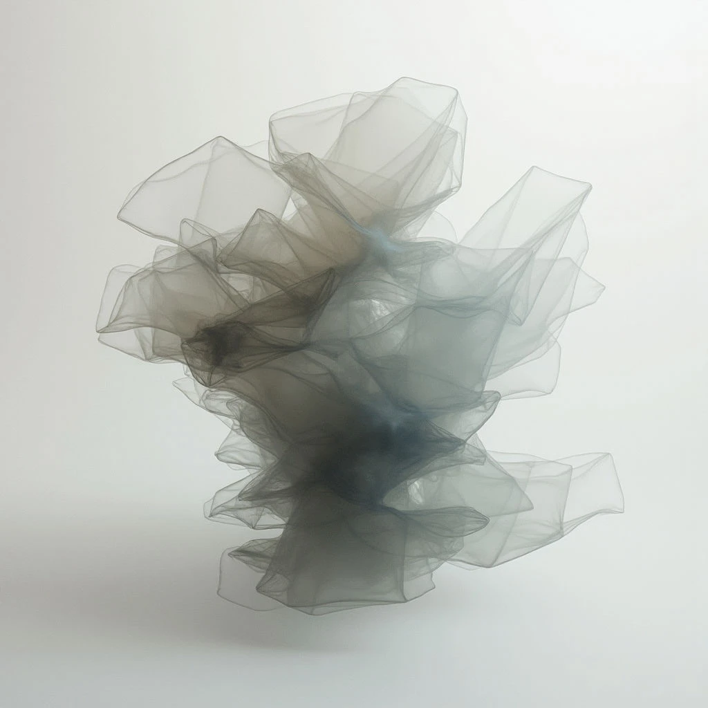 A dark, amorphous shape seems to float just above a pale surface. The form is constructed of many layers of sheer, gray fabric that create depth and shadow within its billowing structure. It resembles a cloud or perhaps a ghostly, abstract sculpture.