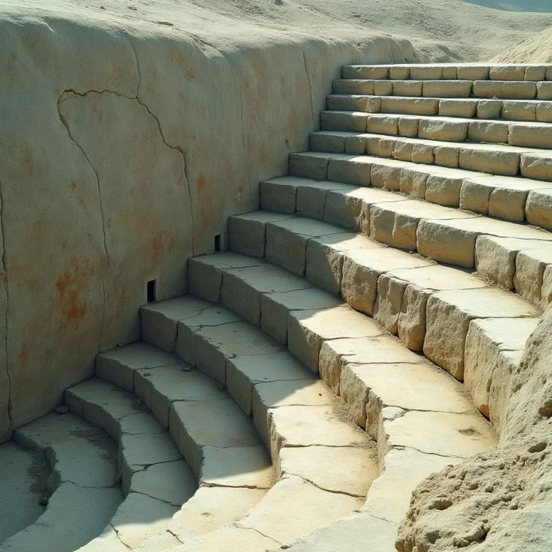Curved, light beige stone steps rise in a tiered arrangement against a smooth, textured wall of the same monochromatic hue. Harsh sunlight creates sharp diagonal shadows across the flat surfaces of the stairs and the vertical face of the structure. The composition is defined by repeating geometric lines and concentric arcs that recede into the upper right of the frame.
