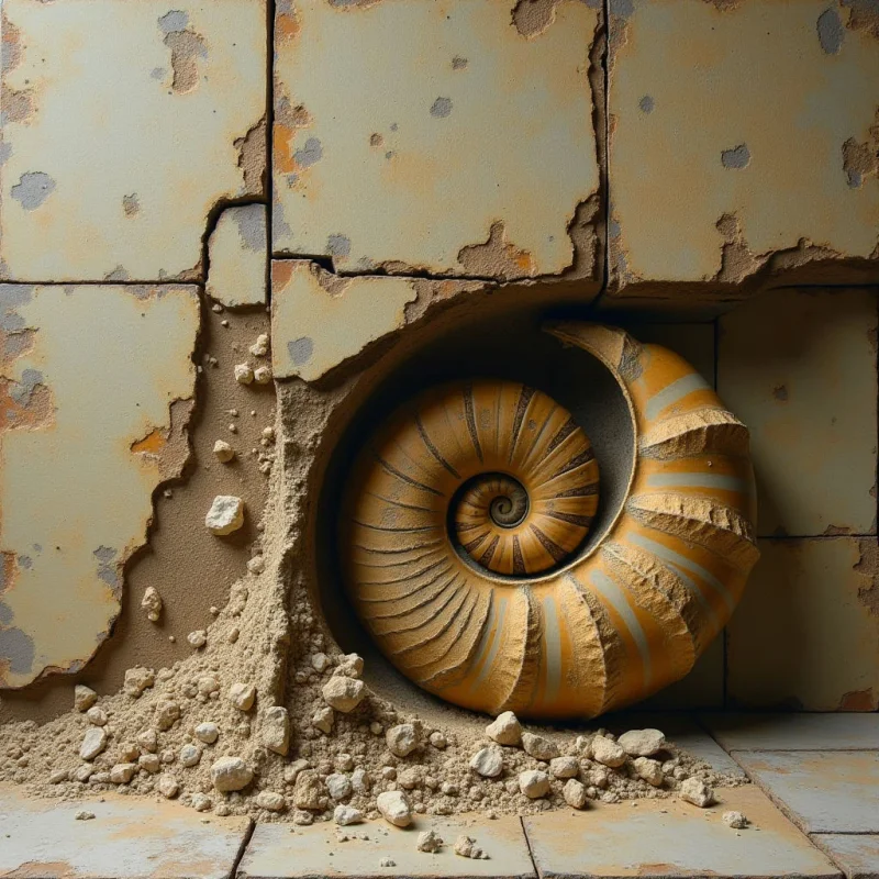 A large, spiraled shell with tan and cream ridges is nestled within a jagged, circular cavity in a wall of weathered, earth-toned tiles. The composition features rough, crumbling textures from the broken stone and fine grains of sand scattered around the base. Soft light illuminates the shell's deep grooves and the irregular edges of the surrounding masonry, creating depth through shadows within the recessed space.