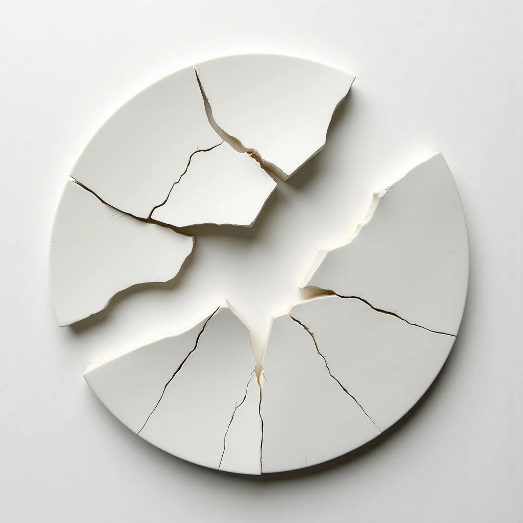 A white plate is shattered into numerous pieces, arranged roughly in a circular shape on a light surface. Cracks radiate outwards from the center of the break, and several larger fragments have separated completely. The overall impression is one of fragility and destruction.