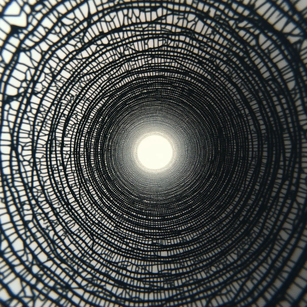 A tightly-wound, dark pattern spirals inward towards a bright, central light source. The complex design is composed of numerous thin, intersecting lines that create dense concentric rings. The effect draws the eye into the glowing core, suggesting depth and perhaps a tunnel or vortex.