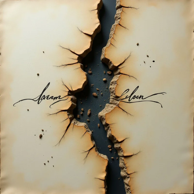 A jagged, dark fissure splits a cream-colored surface vertically, revealing a rough, granular texture within the crevice. Small, earthy fragments are scattered around the edges of the crack, which is accented by thin, branching lines extending outward. Cursive black script spans across the gap, positioned symmetrically on either side of the central void.