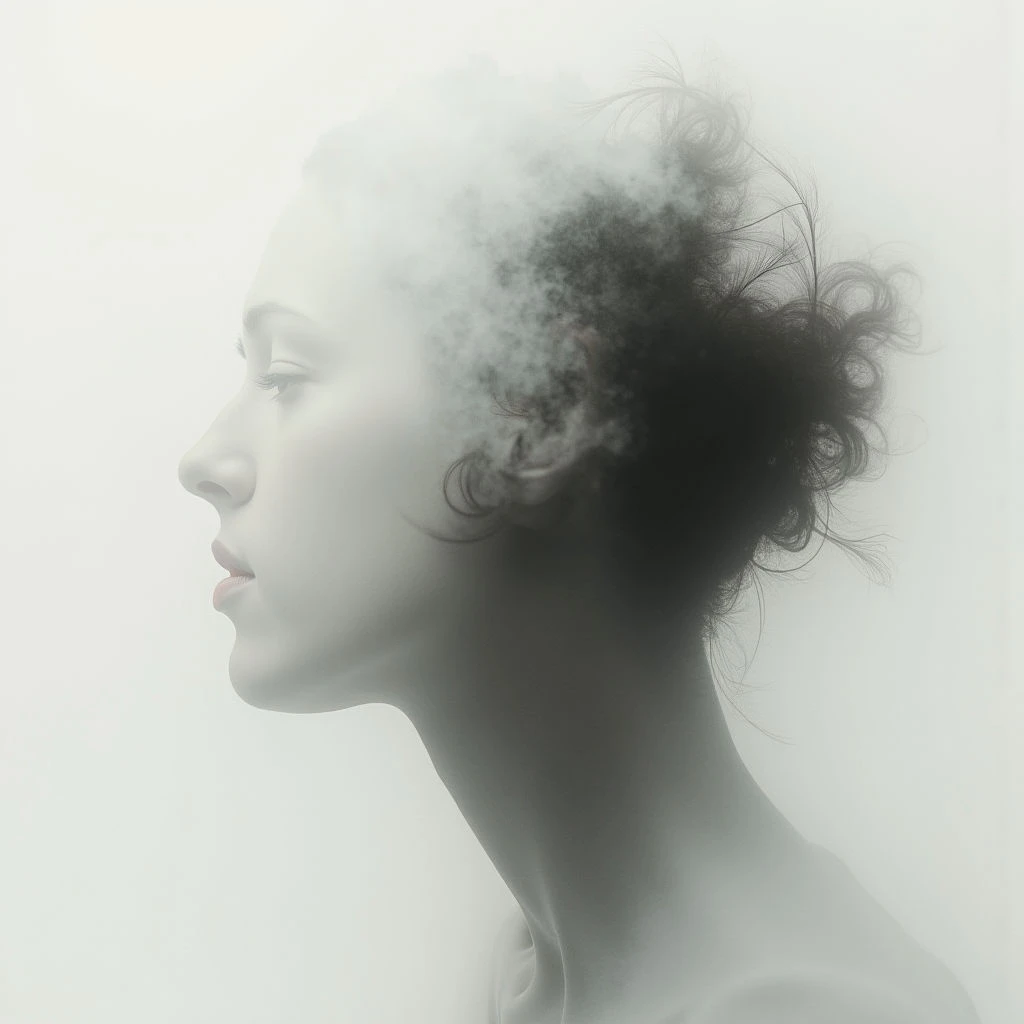 A woman’s face is shown in profile, her expression serene and eyes closed. The back of her head dissolves into wisps of dark smoke that curl upwards and outwards. She appears to be fading or transforming against a pale, indistinct background.
