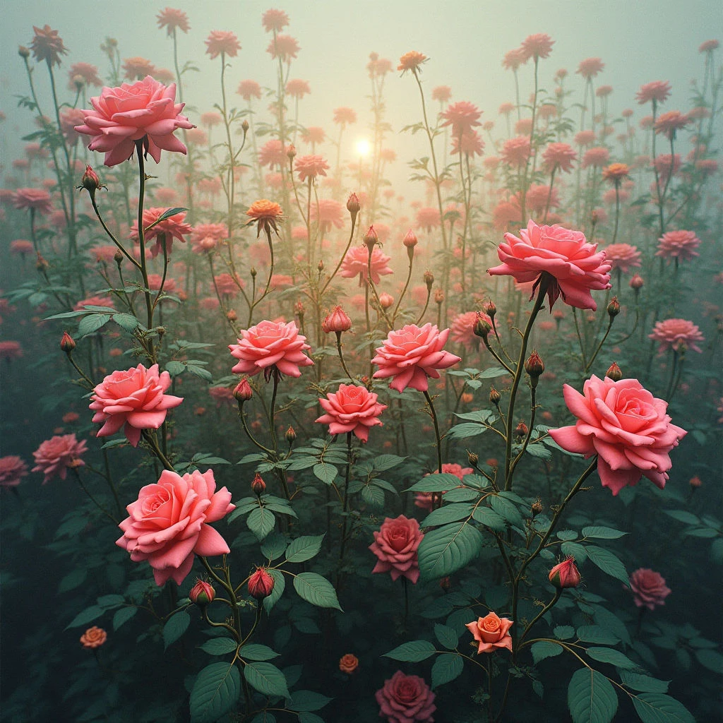 A vast field of pink roses stretches into the distance, their blooms at various stages of opening. A soft, hazy light emanates from somewhere within the dense rows, creating a warm glow and obscuring the far end of the garden in mist. The dark green foliage provides a striking contrast to the delicate petals and adds depth to the scene.