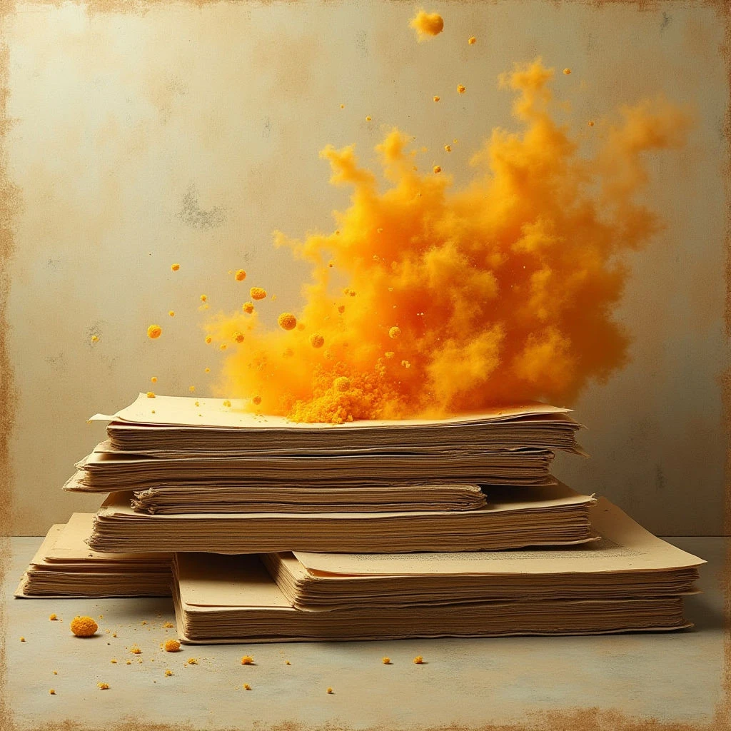 The image features a stack of aged, off-white paper with a vibrant burst of golden yellow powder erupting from its top surface. The textures range from the relatively smooth stacks of paper to the granular quality of the dispersed powder, which creates a cloud-like form above and around the base. Soft, diffused light illuminates the scene, casting subtle shadows and highlighting the uneven surfaces while maintaining a generally flat spatial arrangement against a muted gray background.