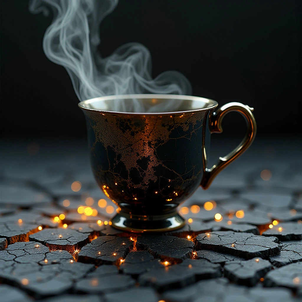 The image features a dark teacup with gold detailing, from which wisps of white steam rise vertically. The cup rests on a fractured, uneven surface illuminated by small points of warm orange light, contrasting with the predominantly cool, shadowed background. Shapes are primarily rounded – the cup’s form and the swirling steam – set against angular, broken pieces below, creating a sense of depth and texture.