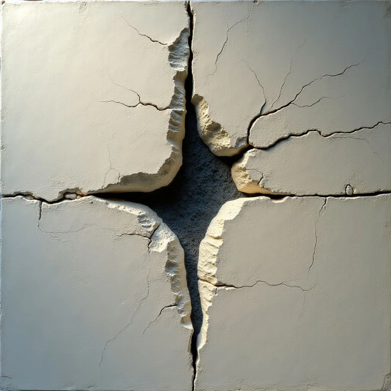 A central, dark void forms a jagged star shape where four off-white rectangular slabs meet at a crossroad. The surfaces feature fine cracks and rough, uneven edges that transition into deep shadows within the center. Light falls from the upper left, casting soft gradients across the matte textures and emphasizing the depth of the crevices.