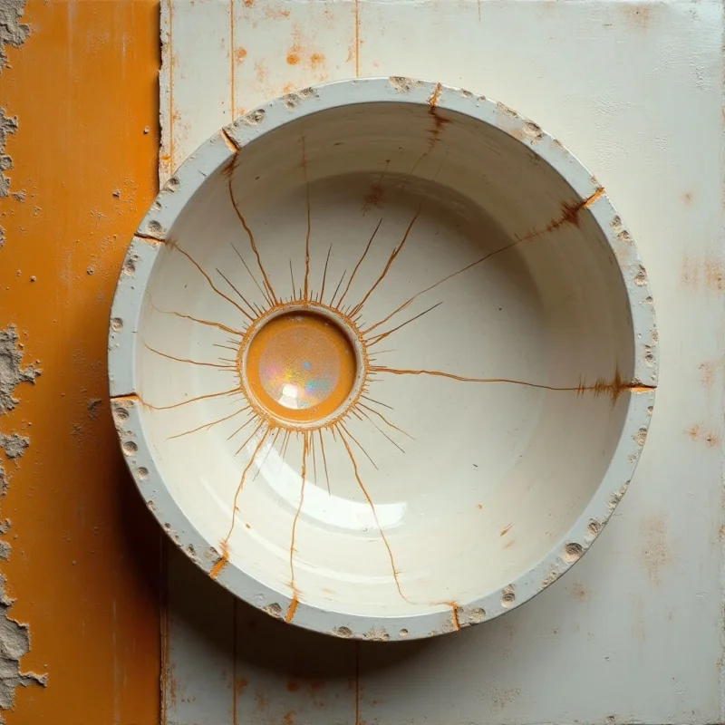 The image features a circular, off-white basin with radiating orange lines emanating from its center, set against a backdrop of two rectangular panels—one bright orange and one faded white. The basin is visibly cracked throughout, with a rough texture contrasting with the smoother interior surface; both panels exhibit peeling paint and visible wood grain beneath. Light falls evenly across the composition, highlighting the central focal point and emphasizing the spatial relationship between the basin and its surrounding planes.