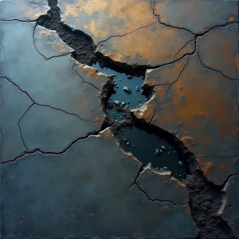 The image features a predominantly dark blue and brown color palette with areas of rust orange highlighting fractured surfaces. A network of irregular cracks divides the composition into polygonal shapes, centered around a deep, shadowed opening revealing rough textures like stones and pebbles. Light appears to come from above, casting subtle reflections within the central cavity and emphasizing the raised relief of the broken material.