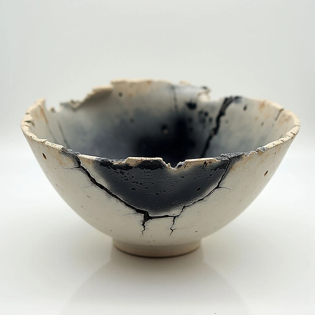 A roughly formed ceramic bowl sits against a pale background. The interior of the bowl is dark and mottled, contrasting with the lighter, cracked exterior glaze. A network of fine lines covers the surface, suggesting age or a specific firing technique.
