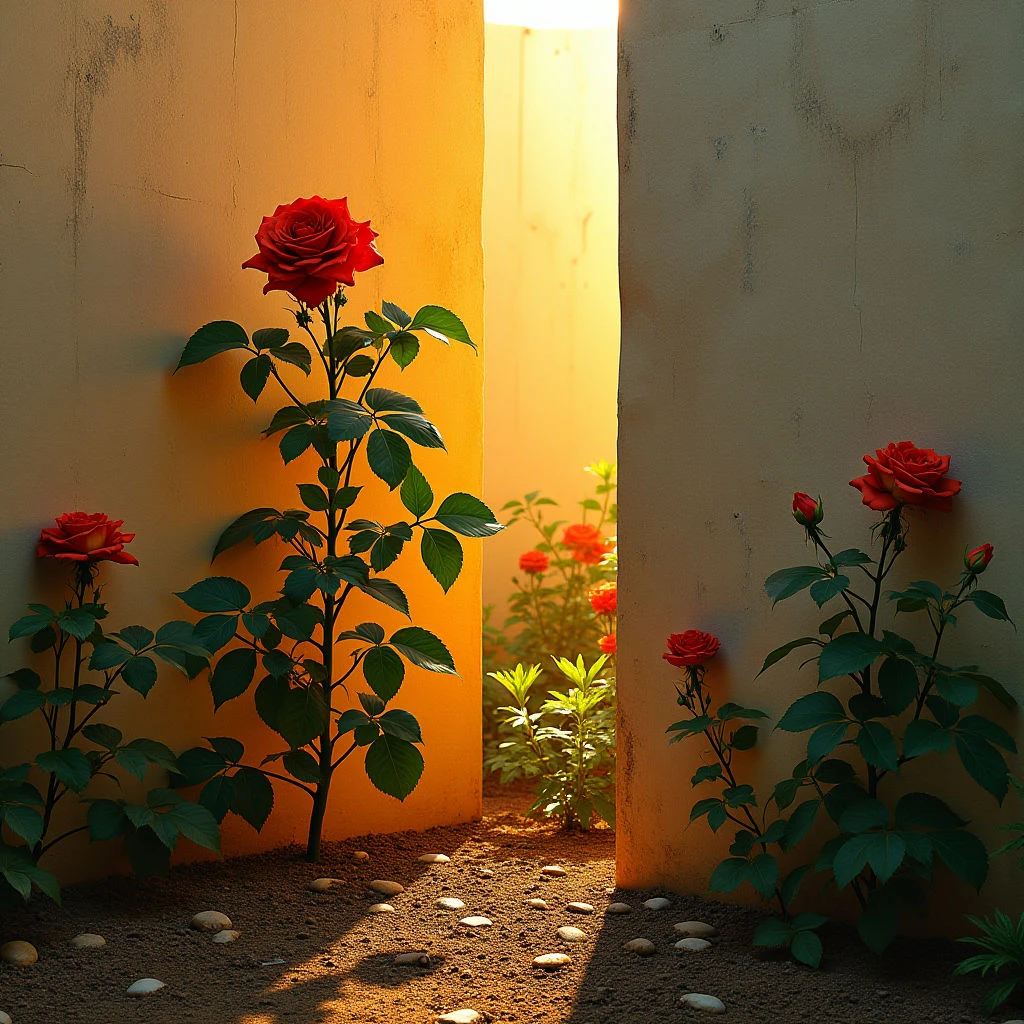 The image features a narrow space defined by tall, pale yellow walls with rose bushes growing along them. Bright red roses punctuate the dark green foliage, contrasting against the warm tones of the surrounding environment and a distant view of more blooms in sunlight. Light streams into the scene from an opening at the far end, creating strong shadows on the ground and highlighting the textures of the soil and small stones scattered throughout.