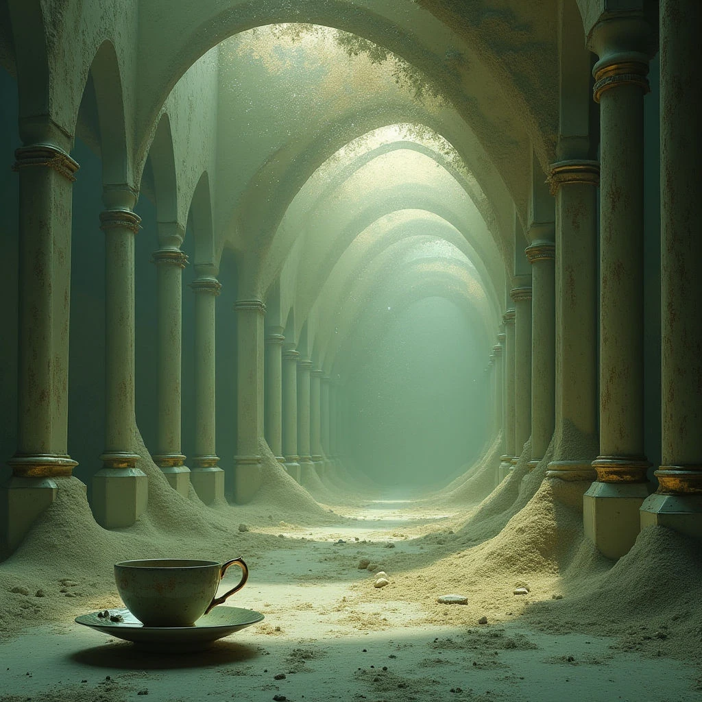 The image depicts a long, arched hallway constructed from weathered stone in varying shades of muted green and beige. A fine layer of sand covers the floor and accumulates around the base of numerous cylindrical columns that recede into a hazy distance. Light filters down from above, illuminating the central path while casting shadows and creating a sense of depth within the repeating archway structure.